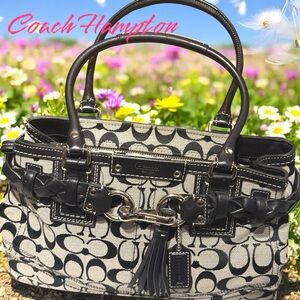 COACH HAMPTON SIGNATURE CANVAS SHOULDER BAG WITH LEATHER.